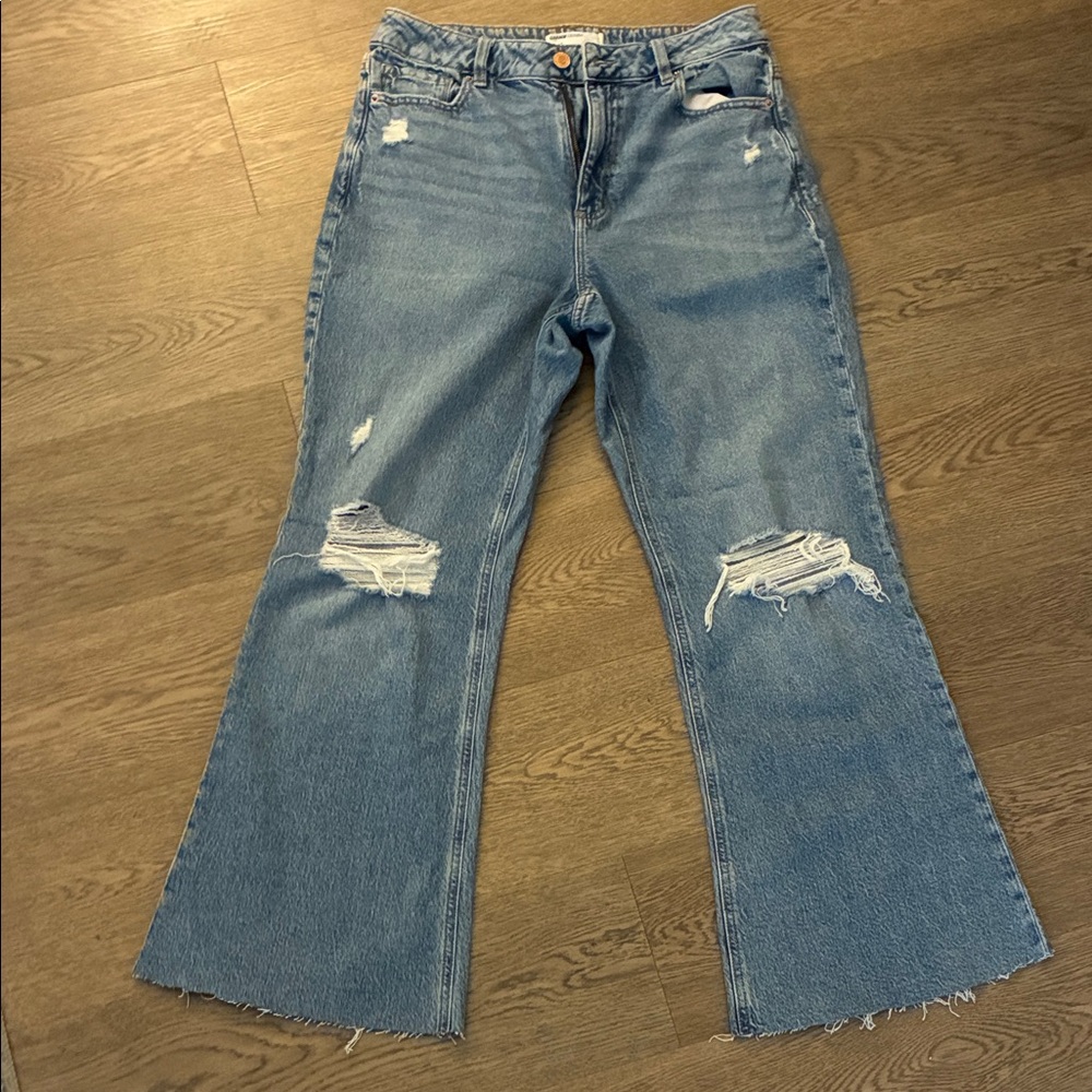 Garage Medium Blue Distressed Wide Leg Jeans